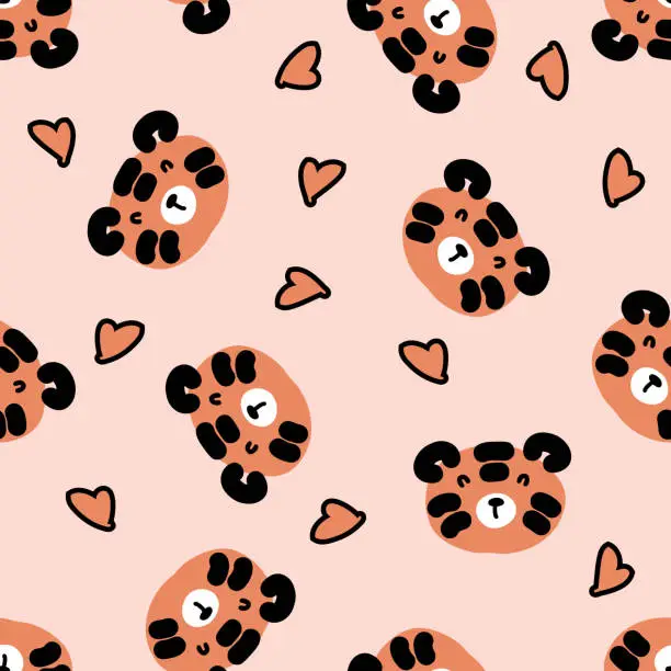 Vector illustration of Romantic seamless pattern with tiger faces and hearts. Perfect for T-shirt, textile and print. Hand drawn vector illustration for decor and design.