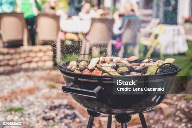 Simple Round Charcoal Barbecue Gril Closeup Stock Photo - Download Image Now - Barbecue - Social Gathering, Barbecue Grill, Barbecue - Meal