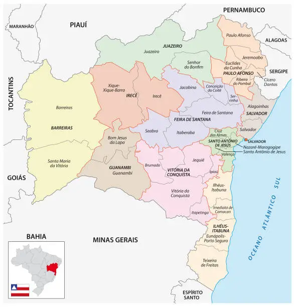 Vector illustration of Map of the central and immediate geographic regions of Bahia