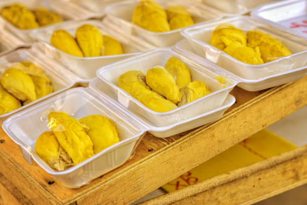 Fresh durian in the morning market stock photo