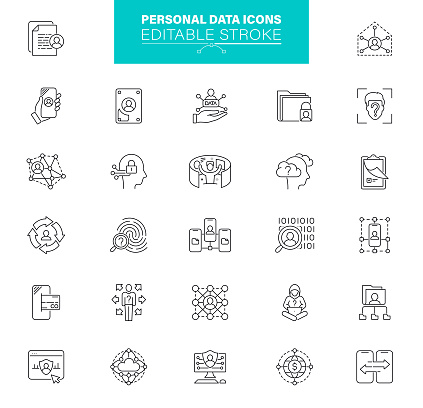 Personal Data Icon Set. The icon set include internet security, cybersecurity, online checkout, protected money transfer, cryptocurrency, person using a smartphone, smartphone, tablet PC, e-commerce, online shopping, people using technology securely, security, online search on laptop, phishing, secure webpage, digital lock and key, identity protection. Editable stroke.