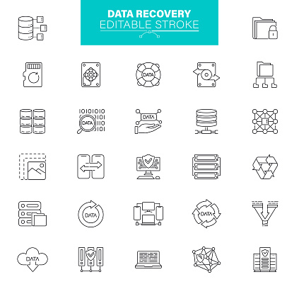 Data Recovery vector icon set. Laptop, system crash repair, database, cloud transfer, recycle. Editable stroke.