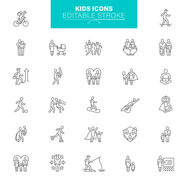 illustrations, cliparts, dessins animés et icônes de icônes enfants trait modifiable. l’ensemble contient des icônes telles que famille, garde d’enfants, parents adoptifs, famille - mother baby child symbol