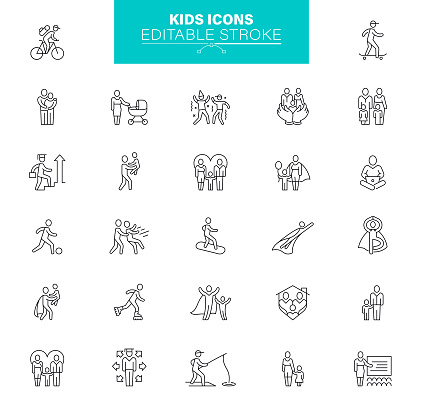 Kids Icon Set. Childhood, Child, Toy, Preschool, Leisure Games. Editable stroke.
