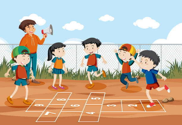 Children playing hopscotch game at the park Children playing hopscotch game at the park illustration hopscotch stock illustrations