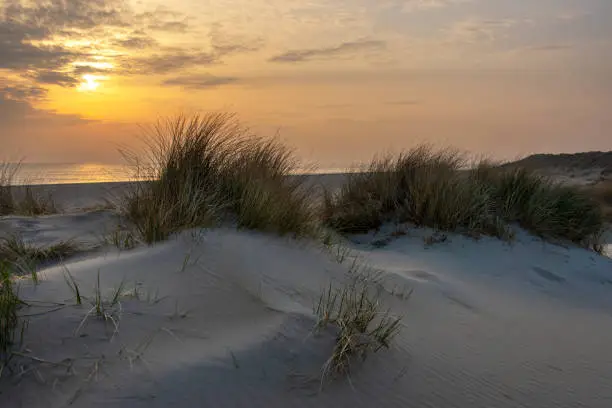 Colourful sunrise over the beach and sand dunes.