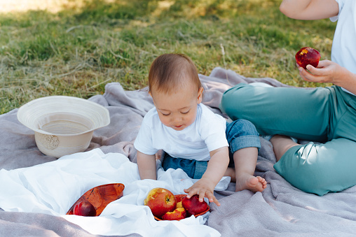 Baby on picnic, outdoors. Little cute child with mommy eats fruit while sitting on a blanket on the green grass. Family picnic, healthy food concept