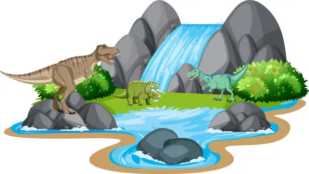 Vector illustration of Scene with dinosaurs by waterfall