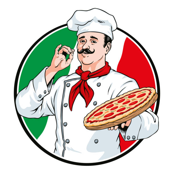 Italian chef with a pizza. Pizzaiolo vector illustration. Italian chef in uniform with a pizza. Label or badge. For poster, banner or packaging design. Pizzaiolo comic book style vector illustration. italian cafe clip art stock illustrations