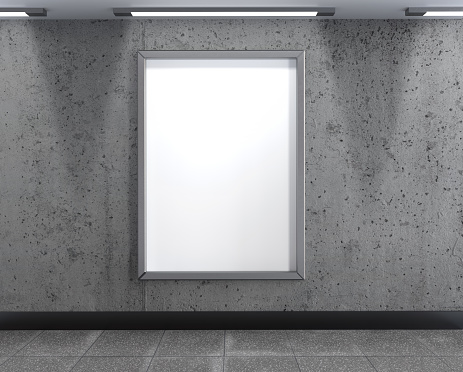 White poster template in subway train station with lights