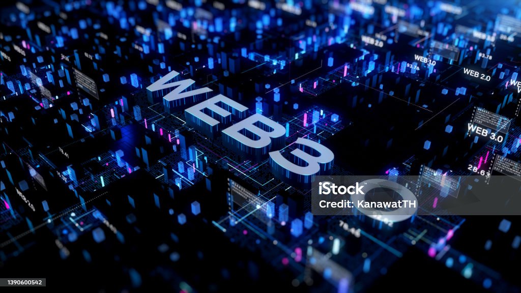 WEB 3.0 on futuristic electronic board background, Technology of decentralized social network connection concept, 3d rendering abstract background Web3 Stock Photo