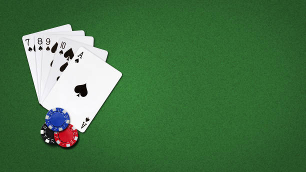 istock Playing cards and poker chips, on a green background. Flush, combination. copy space. Playing cards. Gambling. 1390603051