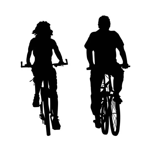 Vector illustration of Couple cyclists silhouette isolated on white background. Two cyclist riding bicycle front view.