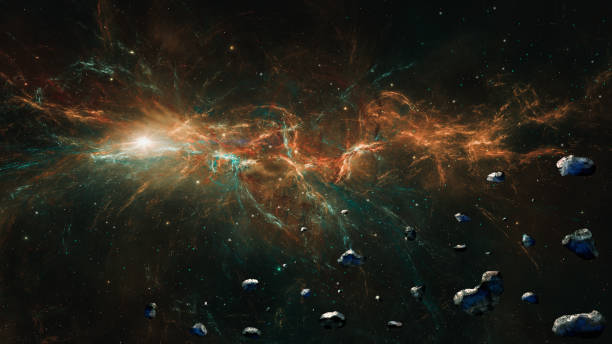 istock Space background. Asteroid fly in colorful fractal nebula with star field. 3D rendering 1390604851