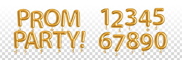 Vector realistic isolated golden balloon text of Prom Party with set of numbers on the transparent background. Vector realistic isolated golden balloon text of Prom Party with set of numbers on the transparent background. prom stock illustrations