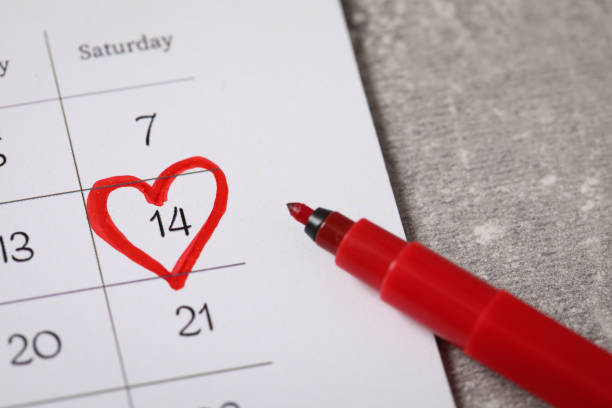 istock Calendar with marked Valentine's Day and red felt tip pen on grey table, closeup 1390606126