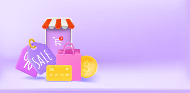 istock Mobile shopping concept with smartphone, bag, card and tags. 3d vector banner with copy space 1390606839