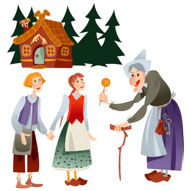 Vector illustration of The witch welcomes little brother and sister into her gingerbread house. haracters of a German fairy tale 