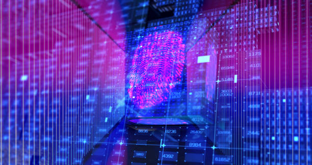 biometrics fingerprints flying through digital space stock photo