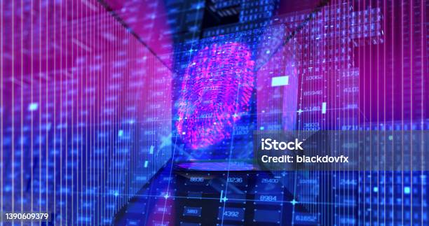Biometrics Fingerprints Flying Through Digital Space Stock Photo - Download Image Now