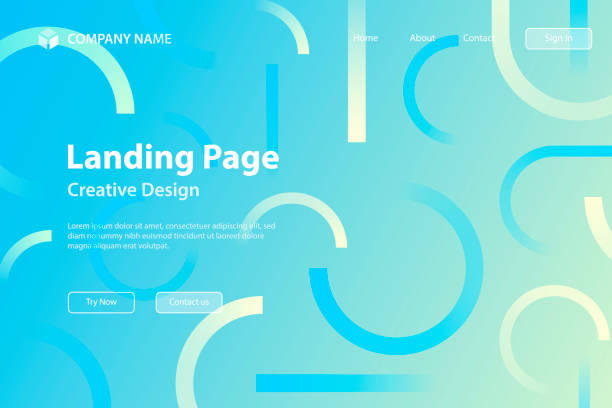 Landing page Template - Abstract design with geometric shapes - Trendy Blue Gradient Landing page template for your website. Modern and trendy abstract background with geometric shapes. This illustration can be used for your design, with space for your text (colors used: Yellow, Beige, Turquoise, Green, Blue). Vector Illustration (EPS10, well layered and grouped), wide format (3:2). Easy to edit, manipulate, resize or colorize. landing home interior stock illustrations