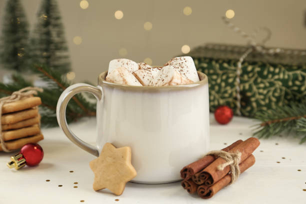 istock Composition with delicious marshmallow cocoa on wooden table 1390609825