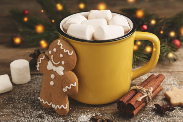 istock Composition with delicious marshmallow cocoa on wooden table 1390610038
