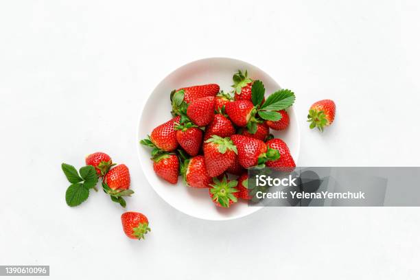 Strawberry On White Background Top View Flat Lay Stock Photo - Download Image Now - Strawberry, Bowl, High Angle View