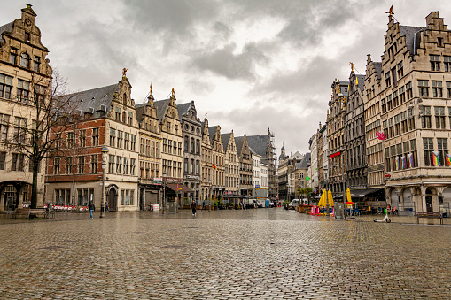 Old central square at Antwerp in a cloudy rainy day