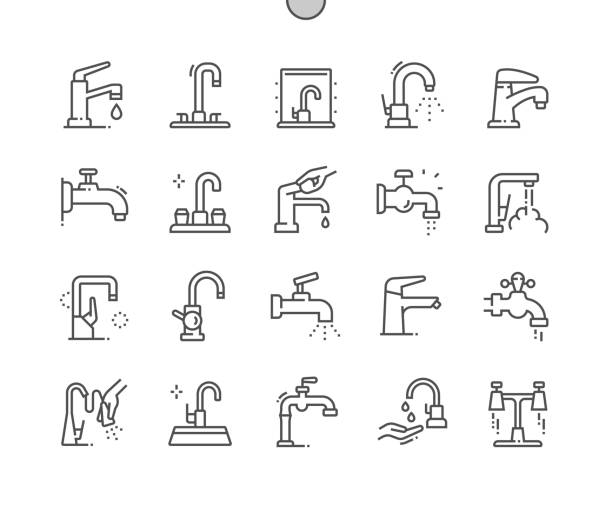 Faucet. Water drop. Bathroom. Kitchen faucet. Pixel Perfect Vector Thin Line Icons. Simple Minimal Pictogram Faucet. Water drop. Bathroom. Kitchen faucet. Pixel Perfect Vector Thin Line Icons. Simple Minimal Pictogram Faucet stock illustrations