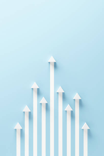 istock Minimal white arrow up to growth success on blue background, progress way and forward achievement creative concept. copy space. 1390612288