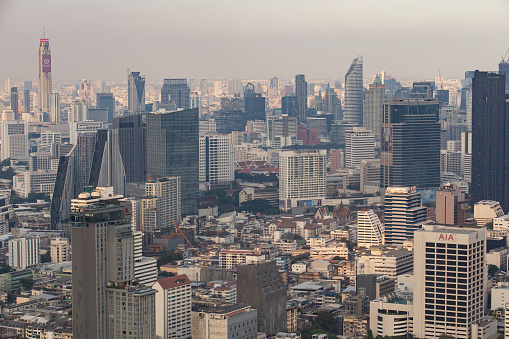 Panoramic view of Bangkok in the evening It is a capital city full of houses, people, streets and skyscrapers.