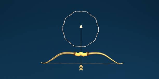 Antique bow and arrow isolated on Blue background. Dussehra, Ram, hindu holiday design element. Realistic style 3d render illustration Image