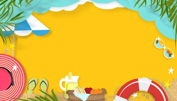 Vector illustration of Summer backdrop with beach vacation holiday theme with copy space on yellow background, Vector flat lay banner paper cut of tropical summer design, palm leaf and cloud on blue sky layer