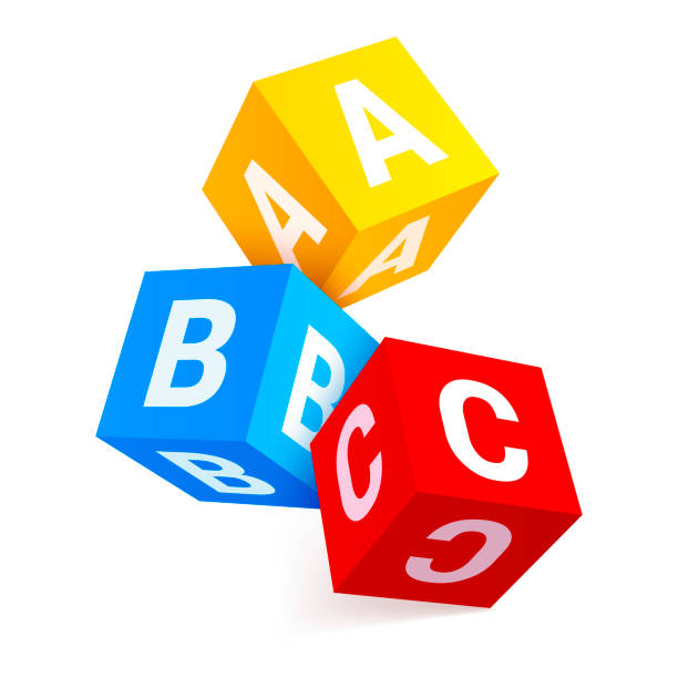 Multicolored falling alphabet cubes with letters A,B,C realistic vector childish educative game toy Multicolored falling alphabet cubes with letters A,B,C realistic vector illustration. Childish educative squared blocks elementary information game toy basic building and learning 3d mockup isolated alphabetical order stock illustrations