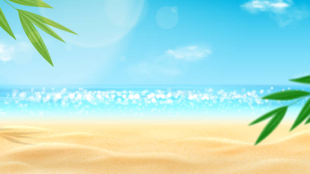 Realistic landscape of sunny beach Realistic landscape of sunny beach. Sea coast with sunny sky and clouds. Beautiful summer scene with blue sky, clouds and tropical plants. Empty sea with clear horizon. 3d vector illustration. riverbank stock illustrations