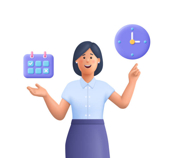 ilustrações de stock, clip art, desenhos animados e ícones de young smiling business woman pointing to calendar and clock.time management, timing, self organization, business planning concept. 3d vector people character illustration.cartoon minimal style. - clock face illustrations