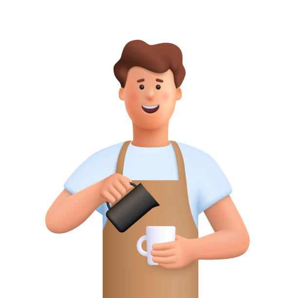 ilustraciones, imágenes clip art, dibujos animados e iconos de stock de joven barista sonriente con delantal de pie batió leche en la taza de café. concepto de cafetería, coffee time y take away. ilustración de personajes de personas vectoriales en 3d. estilo minimalista de dibujos animados. - men cartoon human face human head