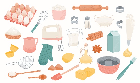 Bakery ingredients icons: baking flour, eggs, butter, cream, sugar and milk. Prepare, cook, pastry products and utensils - vector icon set in doodle hand style.
