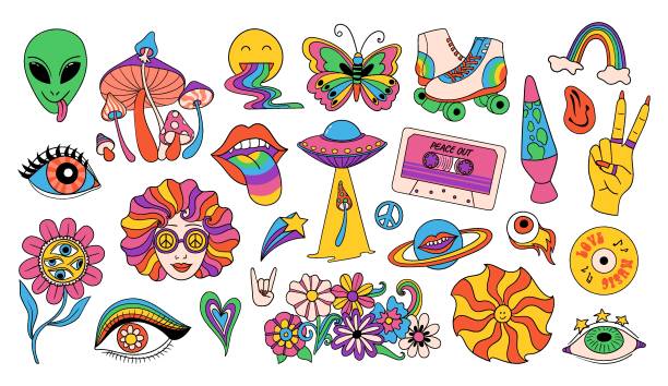 ilustraciones, imágenes clip art, dibujos animados e iconos de stock de pegatinas hippies retro, iconos vintage al estilo de los años 70. elementos gráficos psicodélicos funky de hongos, flores, arco iris, música, ovnis, rodillos. símbolos aislados - peace on earth audio