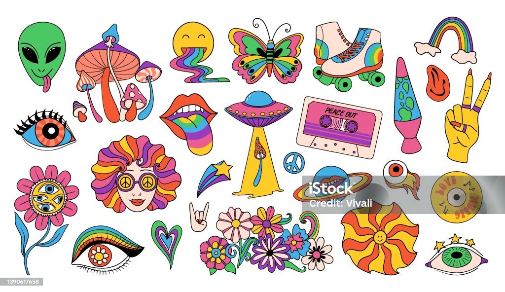Retro Hippie Stickers Vintage Icons In 70s Style Psychedelic Funky Graphic  Elements Of Mushrooms Flowers Rainbow Music Ufo Rollers Isolated Symbols  Stock Illustration - Download Image Now - iStock