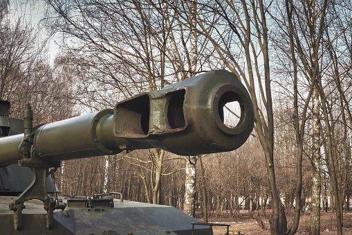 The barrel of a Russian howitzer against the background of trees close-up