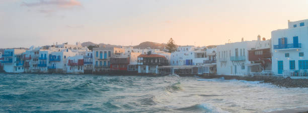 Lettle Venice waterfront at Mykonos island at sunset, Greece