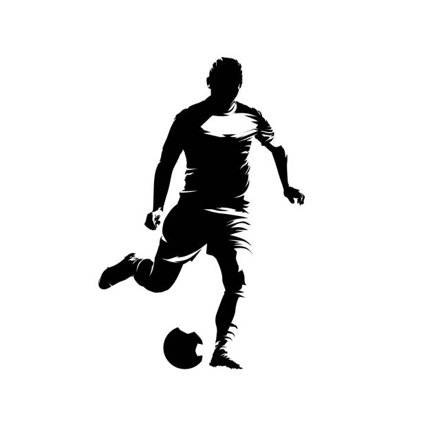 Soccer player kicking ball, isolated vector silhouette. Football, team sport vector art illustration