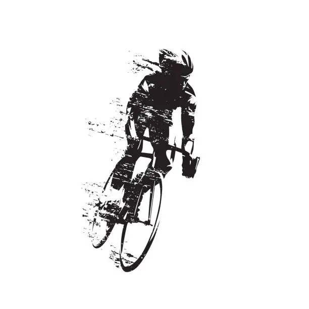 Vector illustration of Cycling, road cyclist rides bike, front view isolated vector silhouette