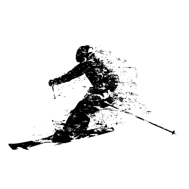 ilustrações, clipart, desenhos animados e ícones de esquiador, esqui em descida, silhueta vetorial isolada - silhouette white background black white