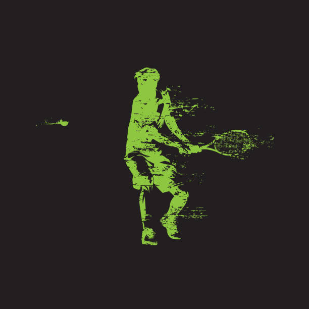 tennisspieler, rückhandschuss, isolierte vektorsilhouette im grunge-stil - tennis tennis ball serving racket stock-grafiken, -clipart, -cartoons und -symbole