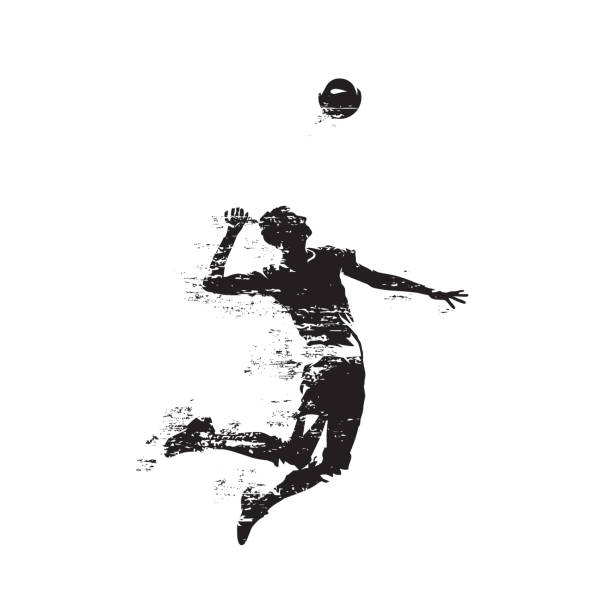 ilustrações, clipart, desenhos animados e ícones de jogador de vôlei servindo bola, silhueta vetorial isolada abstrata, vista lateral - volleyball sport volleying silhouette