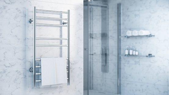 Bathroom Towel Heater Warmer with Towels in modern bathroom - 3d rendering