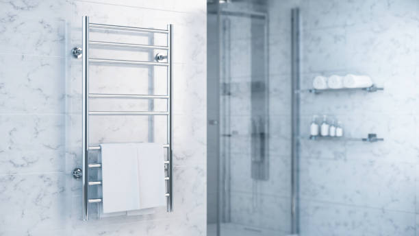 aquecedor de toalhas de banheiro aquecedor com toalhas no banheiro moderno - renderização 3d - hang to dry - fotografias e filmes do acervo